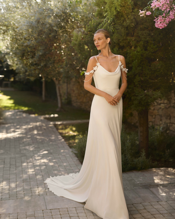 Mara in crespon £1,320 in satin £1,350 Mara by Alma Novia at The Little Bridal Boutique