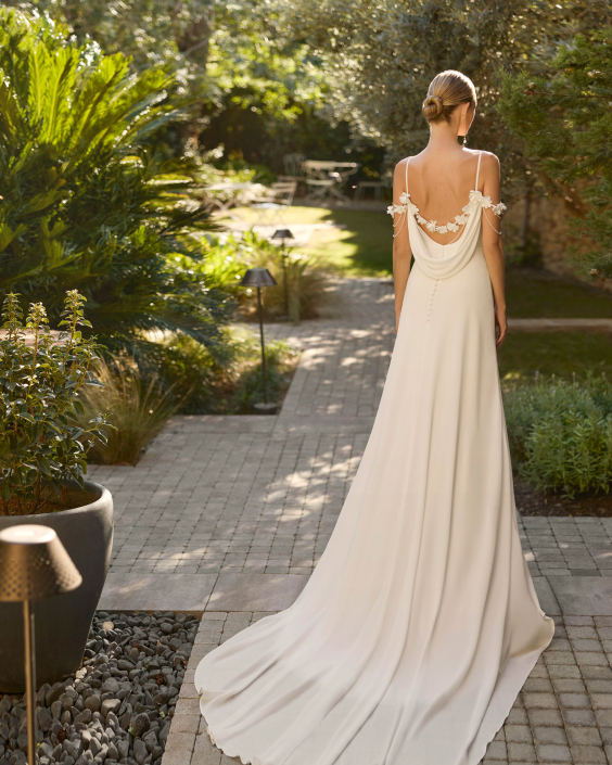 Mara in crespon £1,320 in satin £1,350 Mara by Alma Novia at The Little Bridal Boutique